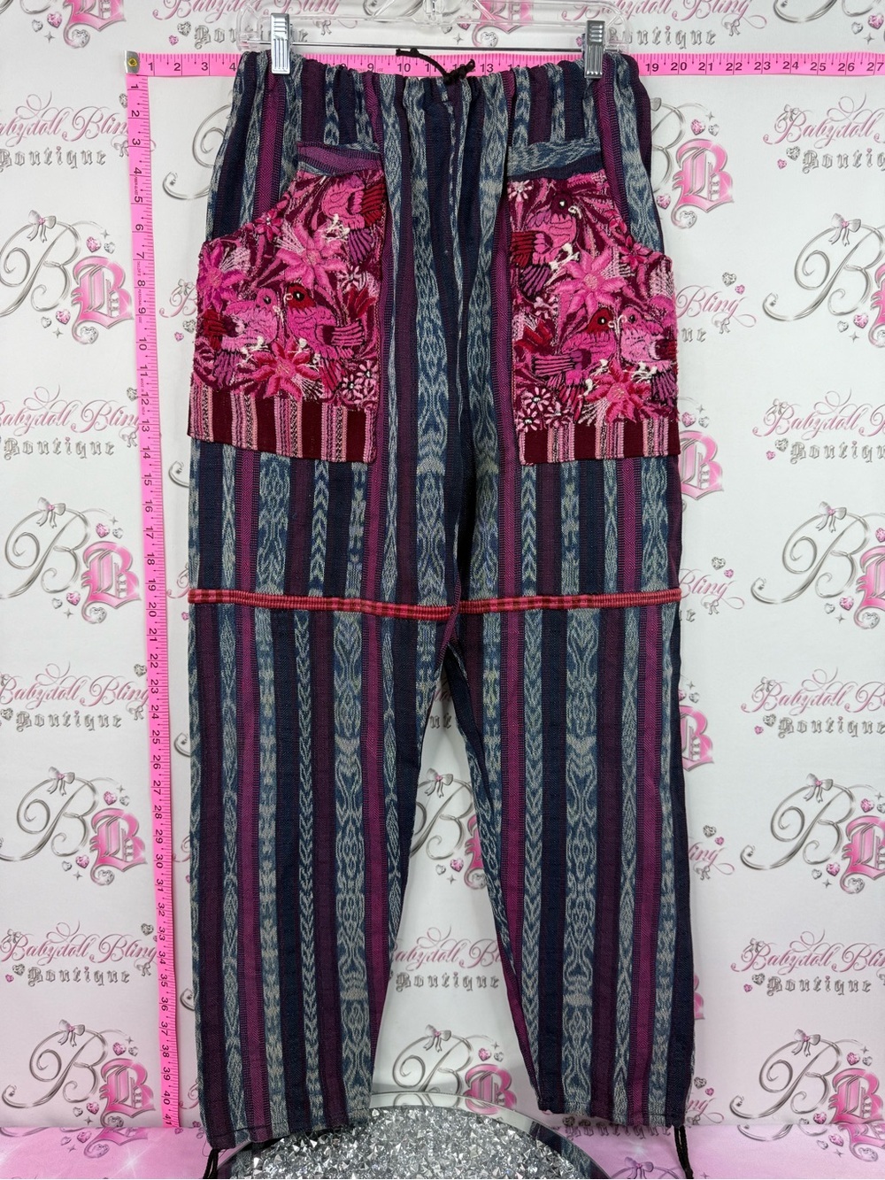 Pants patchwork Boho Embroidered Patchwork Striped Harem Pants - Pink & Navy